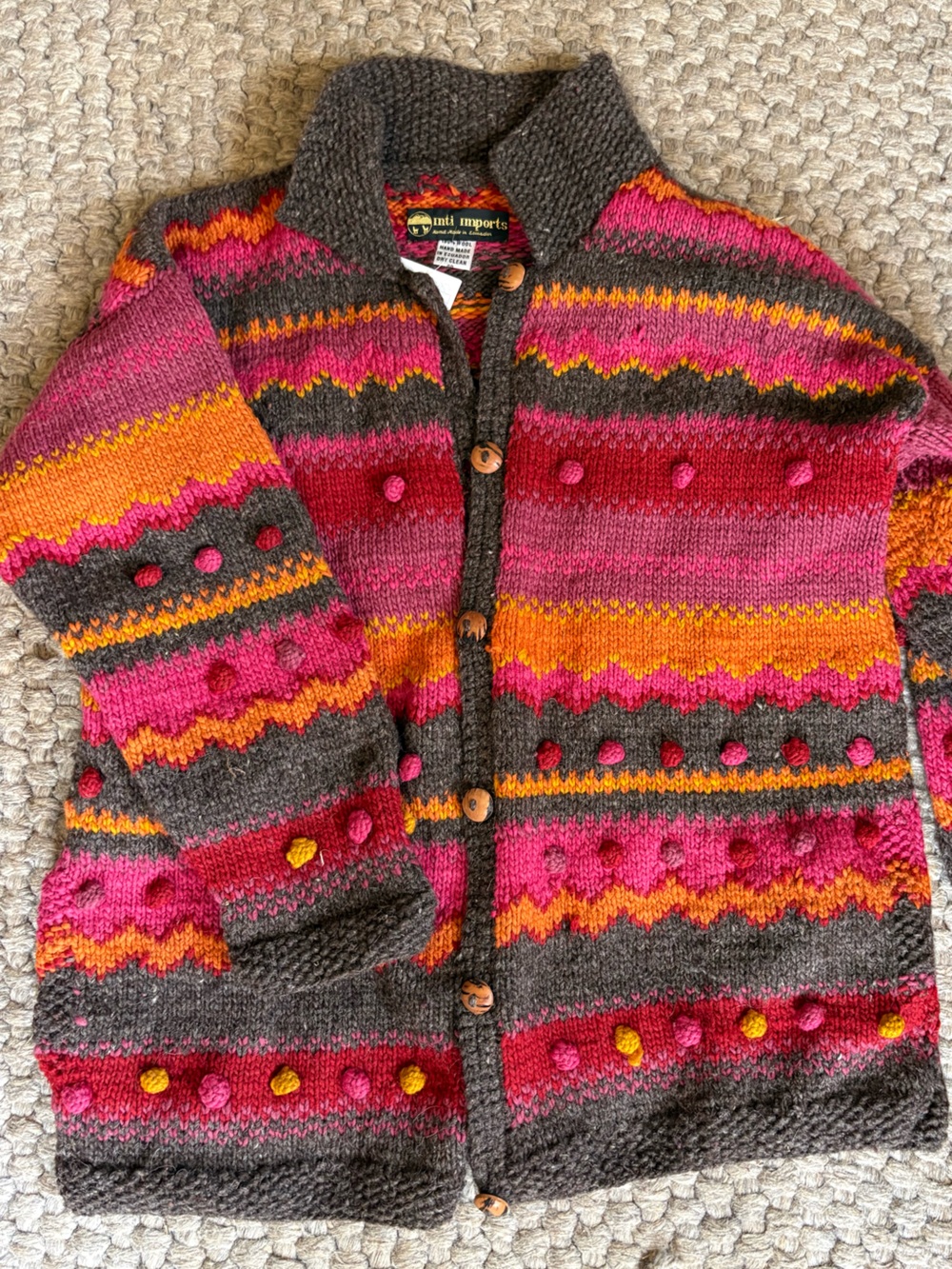 Hand-Knit Wool Sweater in Brown with Pink & Orange Accents